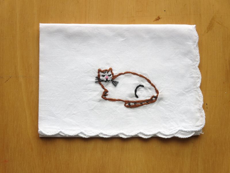 Hand Embroidered Cat Gift Handkerchief - wrenbirdarts - PinkLion