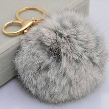 Cute Genuine Leather Rabbit fur ball plush key chain for car key