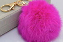 Cute Genuine Leather Rabbit fur ball plush key chain for car key