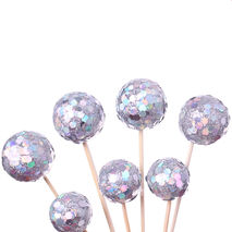 Silver Glitter Ball Party Picks / Silver Glitter Cupcake Toppers