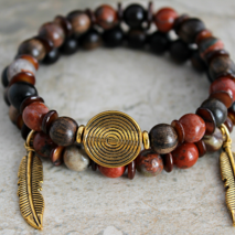 Bracelet Set, Jasper, Wood, Feather, Spiral, Boho Bracelet Stack