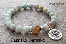 Amazonite Bracelet, Tree of Life, Orange Carnelian, Stackable