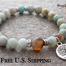 Amazonite Bracelet, Tree of Life, Orange Carnelian, Stackable
