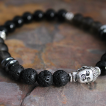 Mens Buddha Bracelet, Black Onyx & Lava, Gift for Man