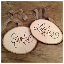 Ladies and Gents Rustic Wedding Outdoor Restroom Tree Slice Wood