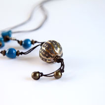 ceramic long necklace in raku pottery, gold, turquoise, ooak