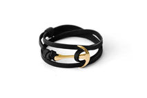 Gold-Plated Anchor Bracelet on Black Leather
