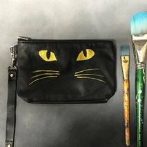 Painted Black Cat Black Leather Wristlet