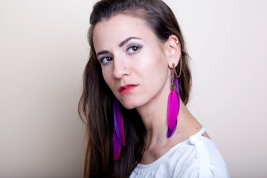 Feather Statement Earrings, Ear Cuff Earrings in pink and purple