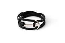 Silver-Plated Anchor Bracelet on Black Leather