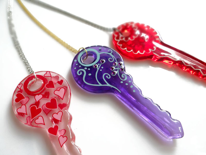 Key Necklace, Handmade Resin Necklace AlinaandT PinkLion