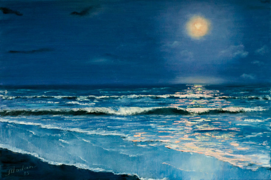 Seascape oil painting of night sea under the moonlight, original