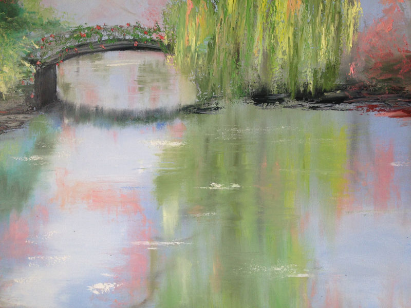 canvas oil painting of willow and bridge reflecting in lake,larg